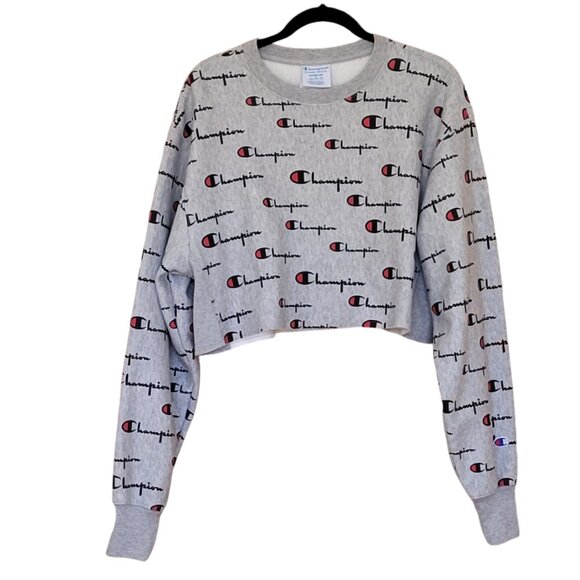 Champion Reverse Weave Oversized Cropped Sweatshirt All-Over Logo Design - Picture 11 of 15